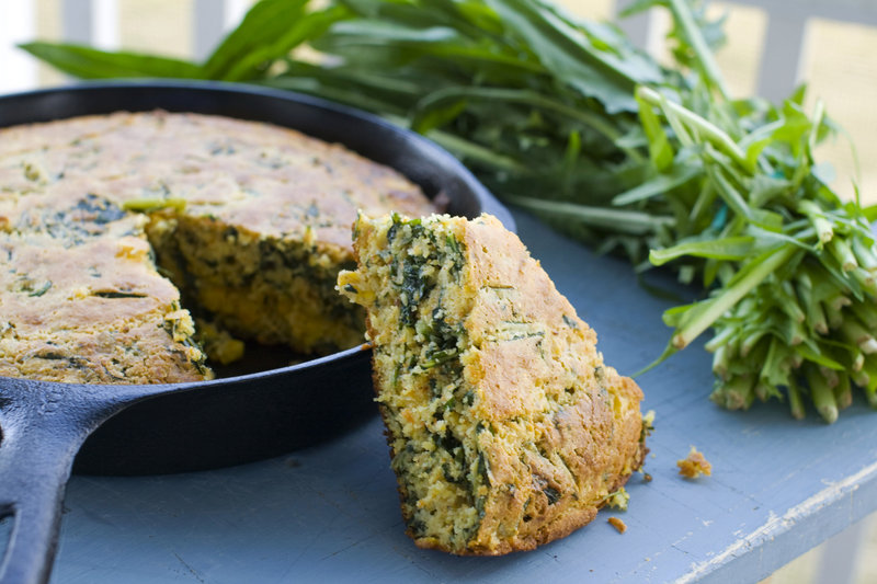 In this undated image, a cumin-dandelion green cornbread is shown in Concord, N.H. (AP Photo/Matthew Mead)